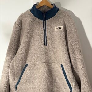 The North Face Men's Tan and Blue Zip-Up Fleece